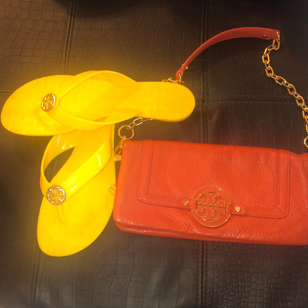 Tory Burch flip flops and bag together